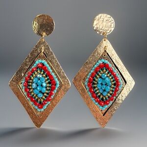 Goldtone Faux Turquoise Blue Red Beaded Geometric Pierced Earrings